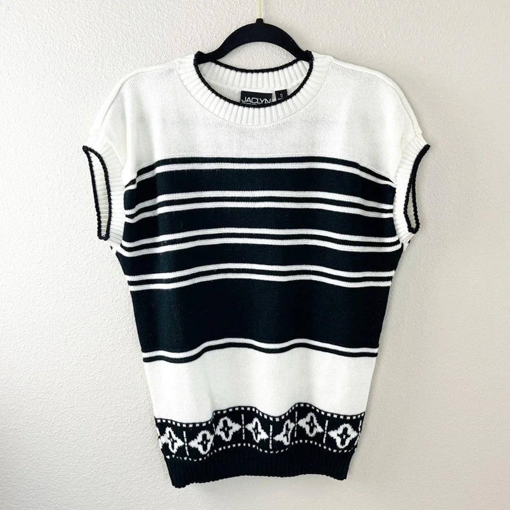 Vintage Black White Striped Sweater Retro Sport Knit Small